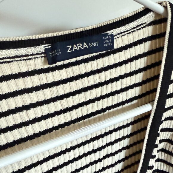 Zara Knit Black & White Striped Ribbed Cardigan with Ruffle Sleeves - Picture 6 of 8
